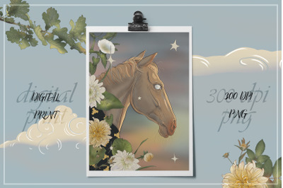 Mysterious Animal Portrait. Horse Poster Print JPEG