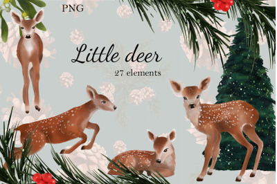 Little deer Christmas clipart, patterns, floral wreaths