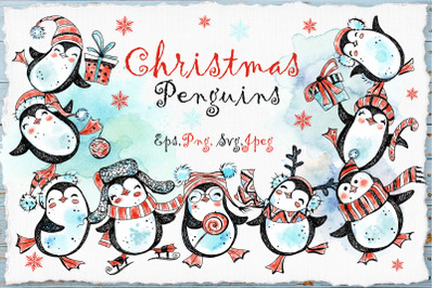 Cute Christmas penguins watercolor. Digital clipart. Png Svg