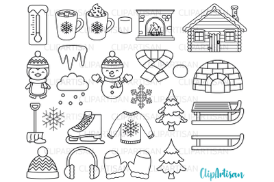 Winter Digital Stamp, Igloo, Snowman, Christmas Clipart