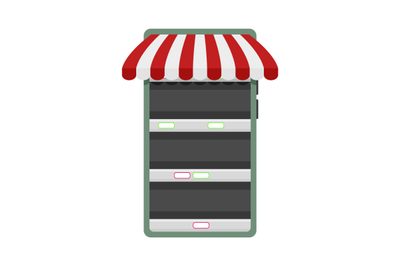 Market showcase on smartphone, online retail and store