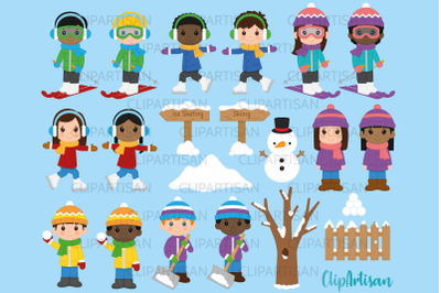 Winter Kids Clipart, Ice Skating Clipart, Skiing, Holiday Clipart, Sno