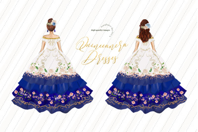 White &amp; Navy Miss Quince Clipart, Princess Birthday Dresses clipart