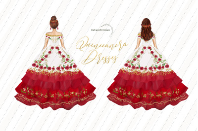 White &amp; Red Miss Quince Clipart, Princess Dresses Clipart