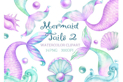 Watercolor Mermaid Tails Clipart Shells waves clip art children&#039;s girl