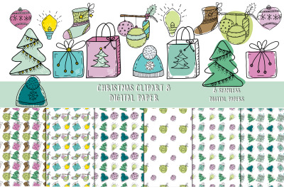 Christmas doodles clipart and seamless patterns