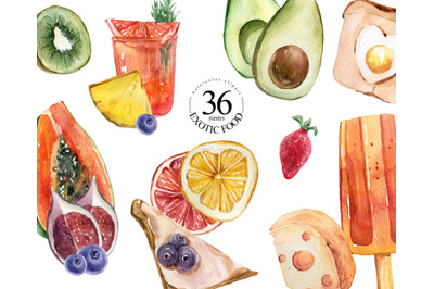 Watercolor fruits and food clipart- 36 png files