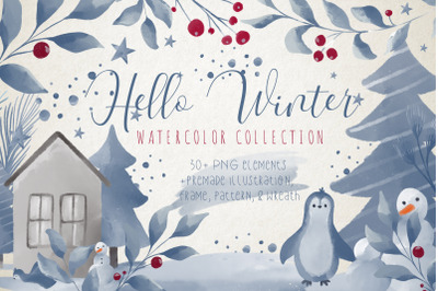 Hello Winter Watercolor Collections, Winter Clipart Bundle