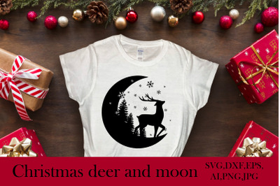SVG,DXF Deer on the moon.Christmas holiday,snowflake,forest