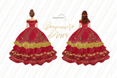 Mexican Red Miss Quince Clipart, Wedding Princess Dresses Red Clipart