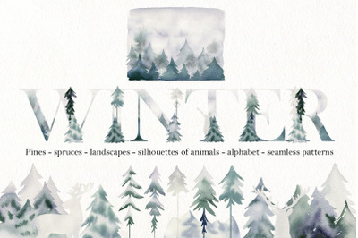 Watercolor winter forest.
