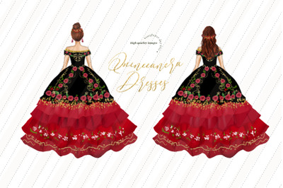 Mexican Black &amp; Red Princess Dresses Miss Quince Clipart
