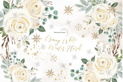 Creamy White Winter Floral Clipart&2C; Floral Frame clipart&2C;