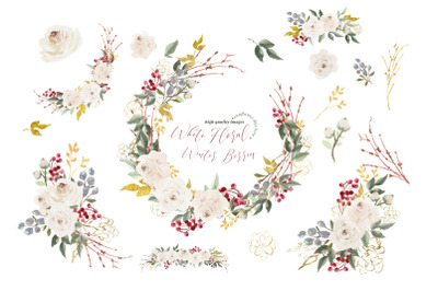 White Floral &amp; Winter Berries Watercolor Clipart