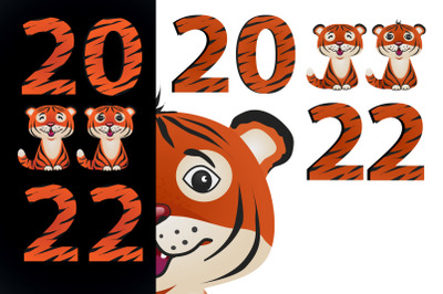 Cute cartoon tiger cubs and numbers in tiger skin