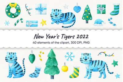 New Year&#039;s collection of clipart 2022, watercolor blue tigers