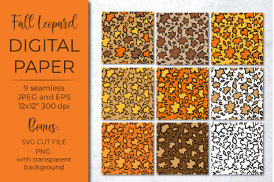 Fall Leopard digital paper. Maple leaves leopard print