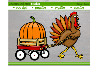 cartoon turkey pulling red wagon with pumpkin clip part | thanksgiving