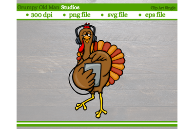 cartoon turkey with headphones and tablet | thanksgiving