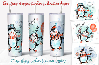 Christmas Penguins tumbler sublimation design 20 oz skinny Png