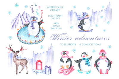 Winter penguins watercolor clipart. Christmas holidays, New Year.