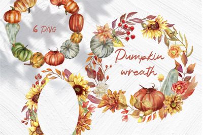 Pumpkin wreath PNG Floral frame Autumn clipart Thanksgiving