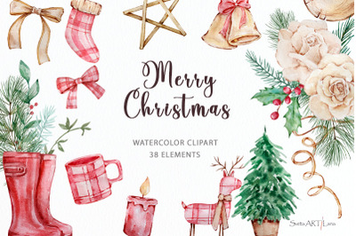 Watercolor Christmas Clipart, Merry Christmas