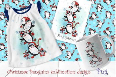 Cute Christmas penguins illustration for sublimation.