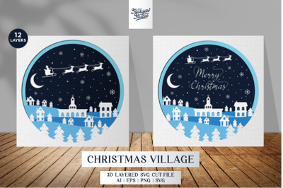 Christmas Village shadow box SVG, Christmas Village 3D Papercut