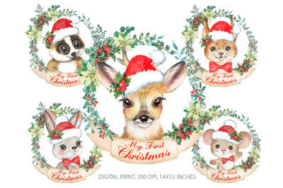 Christmas print with forest animals. First Christmas. Christmas print