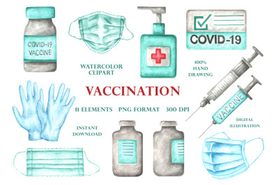 Vaccination Covid watercolor clipart. Health, medicine, vaccine, mask.