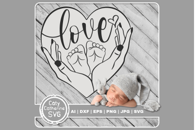 Love Heart with Women&#039;s Mom Mum Hands and Baby Feet Pregnancy