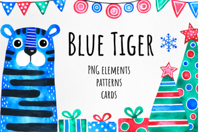 Blue Tiger. Watercolor clipart + patterns