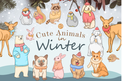 Cute animals in winter clipart sublimation bundle