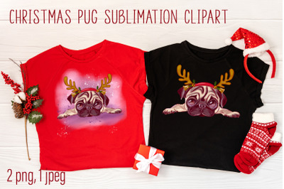 Christmas pug with horns sublimation - dog clipart