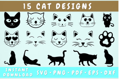 Cat Face SVG Bundle - 15 Designs&2C; Cat Silhouette SVG