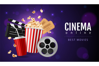 Realistic popcorn cinema. Movie watching concept, online filmshow ente