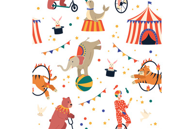 Circus show seamless pattern. Funny carnival amusement background, cut