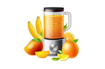 Juicy fruit. Household blender and ripe mangoes or oranges. Kitchen eq