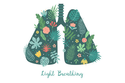 Lungs care. Light breathing concept. Cartoon body respiratory organ wi