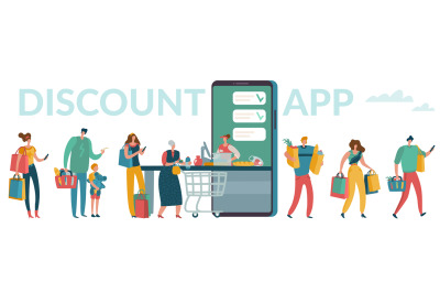 Mobile supermarket. Smartphone discount app concept. People wait in li