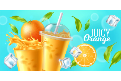 Orange juice. Realistic plastic transparent glasses with fresh citrus