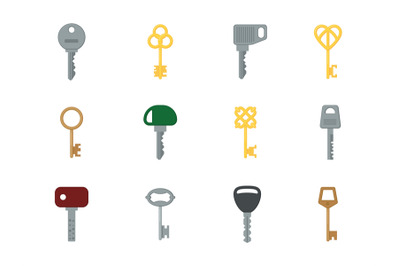 Cartoon keys. Colored flat different shapes keys&2C; ancient and modern d