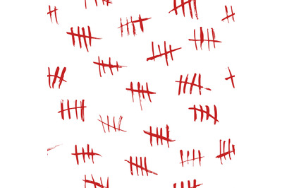 Seamless pattern tally marks. Red bloody hand drawn strokes, sketchy w