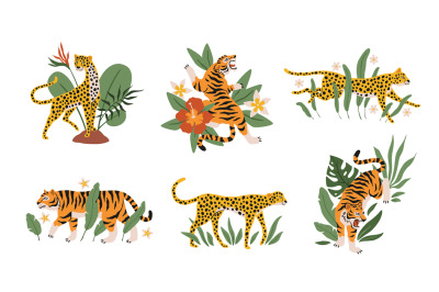 Tropical leaves with tigers&2C; leopards and jaguars. Beautiful mini comp