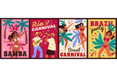 Brazil carnival cards. Happy beautiful dancing latino women and musici