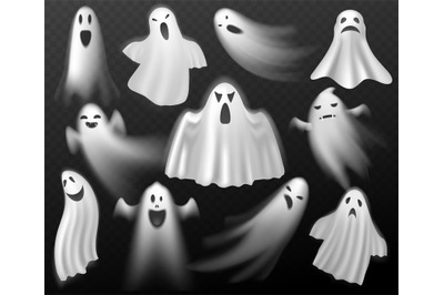 Halloween ghosts. Scary creature, white curtain spooks, realistic phan