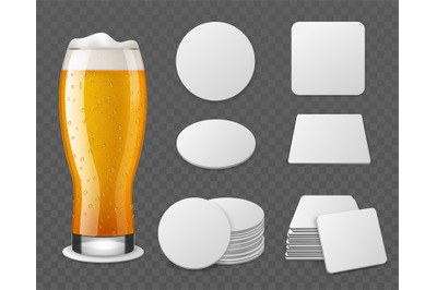 Coasters with beer. Realistic glass with drink&2C; blank paper round and