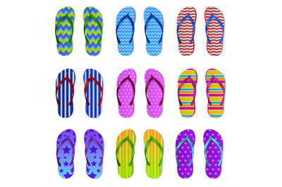 Realistic color flip flops. Rubber bright summer accessories&2C; differen