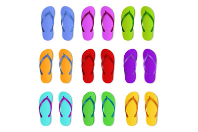 Realistic color slippers. Isolated 3d bright rubber sandals, summer sw